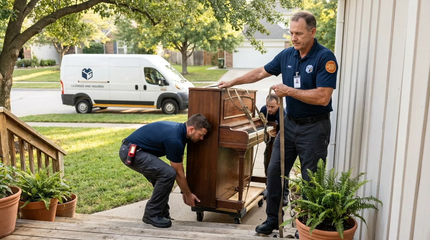 Licensed piano movers securing grand piano in New Milford, CT