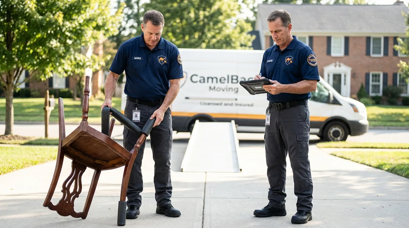 Movers inspecting furniture for damage prevention before loading in New Milford, CT