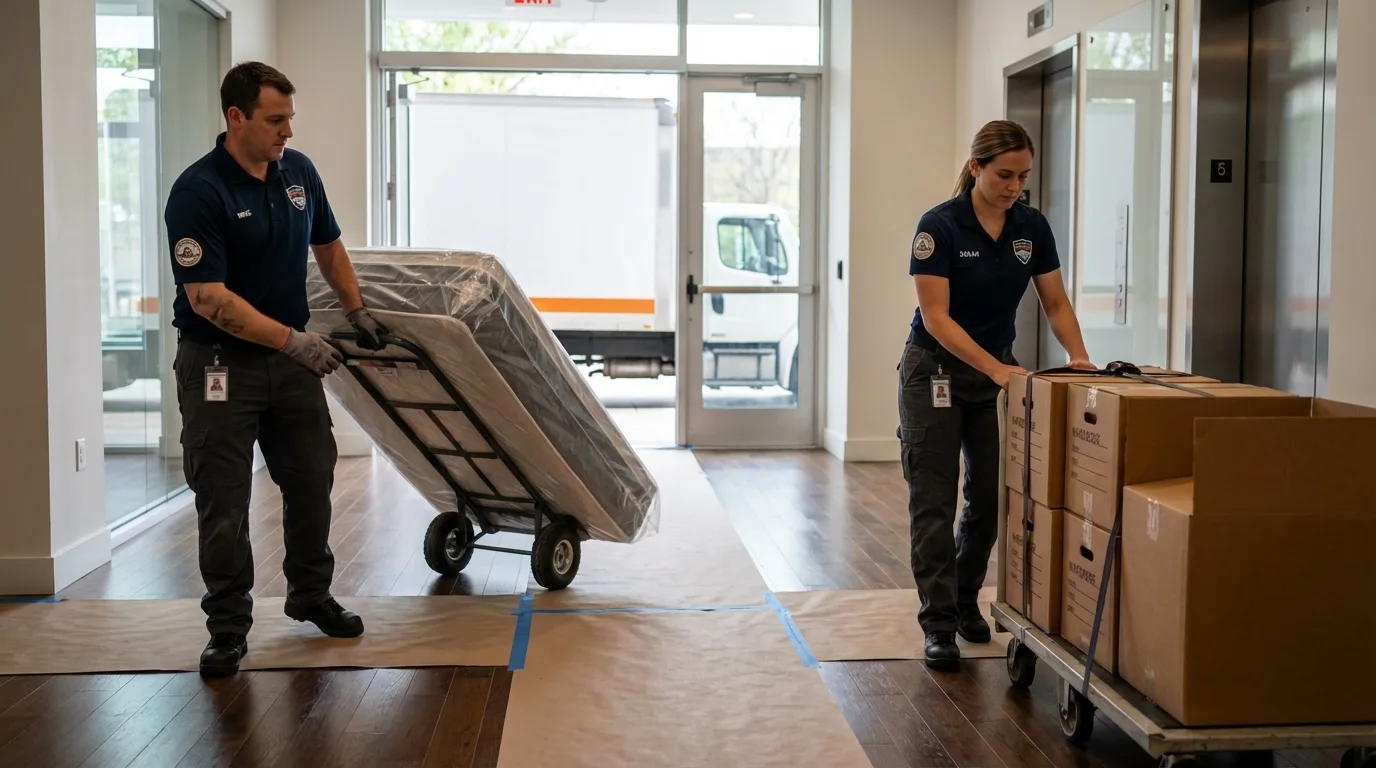 Professional apartment movers loading elevator in New Milford, CT