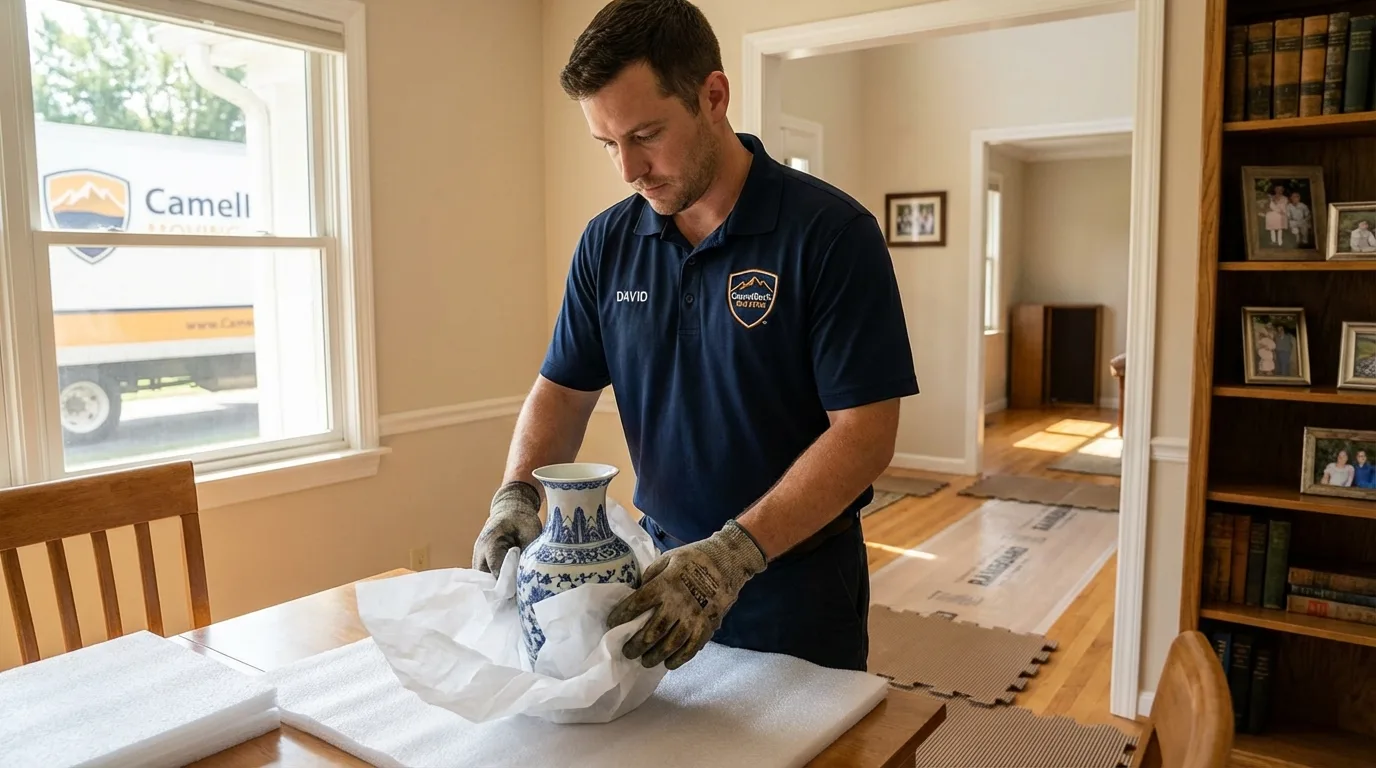 Professional crew carefully wrapping antique vase for senior downsizing move in New Milford, CT