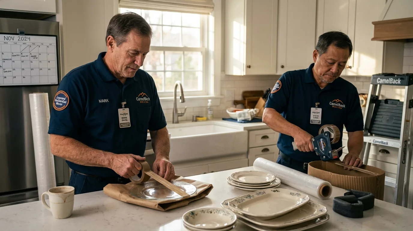 Professional crew packing kitchen dishware in New Milford, CT